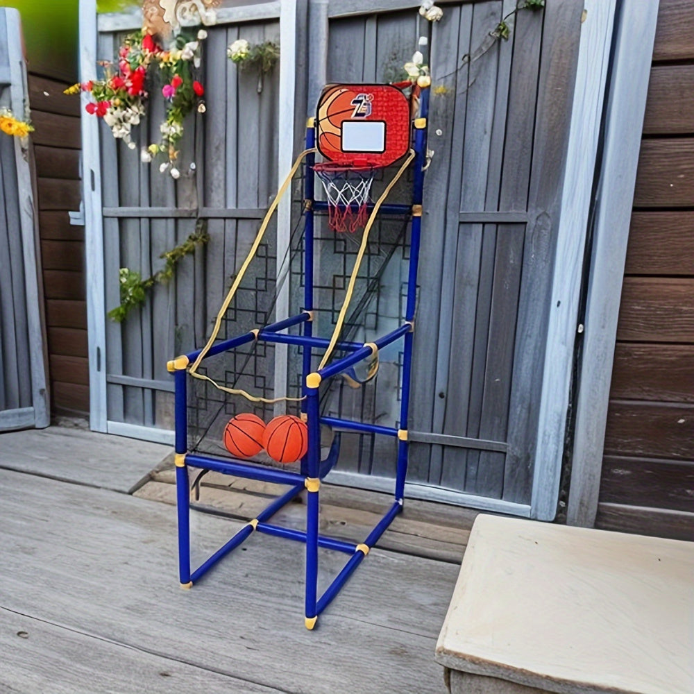 HighPeak indoor/outdoor basketball arcade system with blue frame and red backboard on wooden deck - adjustable portable hoop