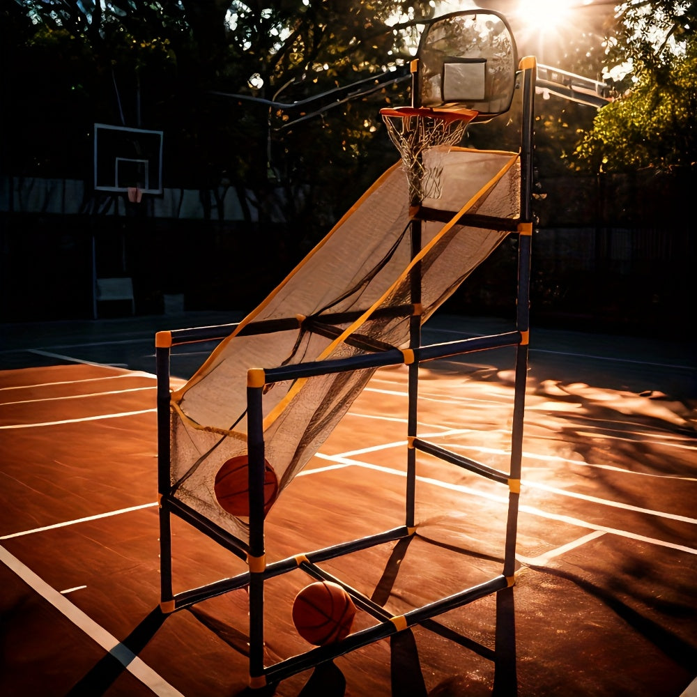HighPeak indoor/outdoor basketball hoop set with ball return net on sunlit court, backboard and adjustable stand visible