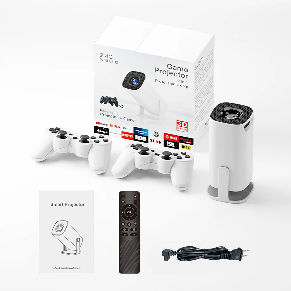 HighPeak RetroZ projector set with white wireless controllers, remote, and manual on white background - gaming bundle display