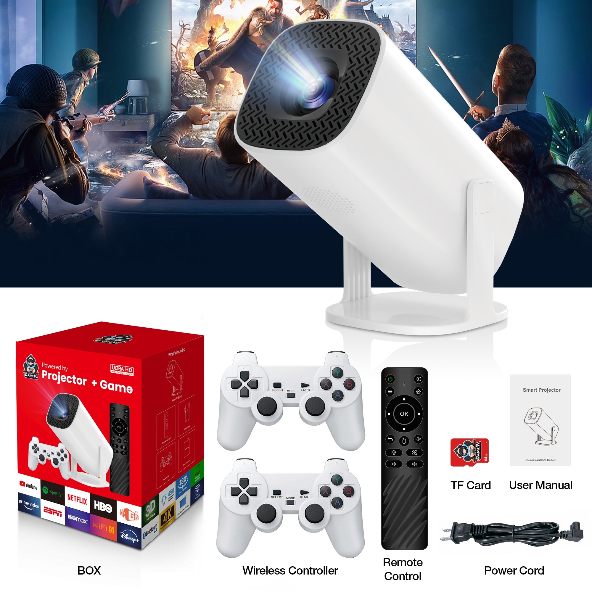 HighPeak RetroZ projector in white with gaming controllers displaying bright image on wall - home entertainment setup