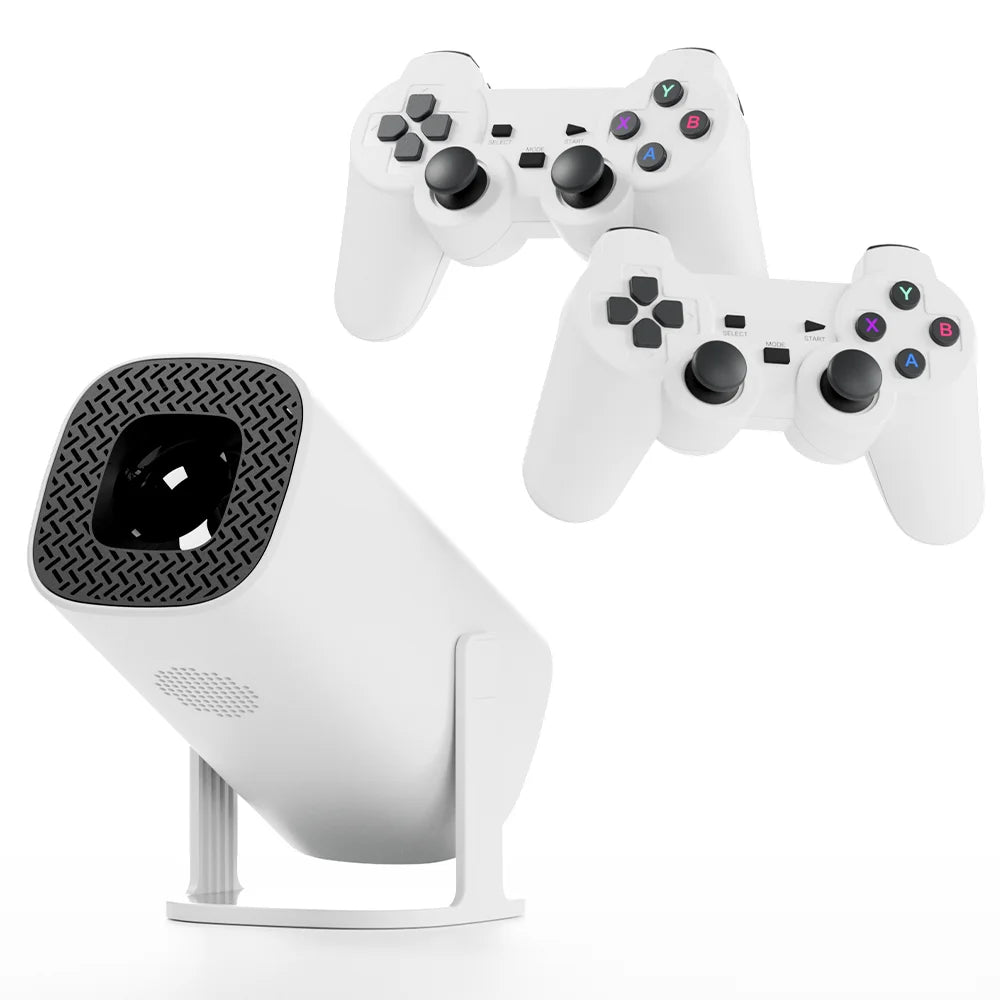 HighPeak RetroZ projector in white with two wireless gaming controllers - compact home entertainment setup