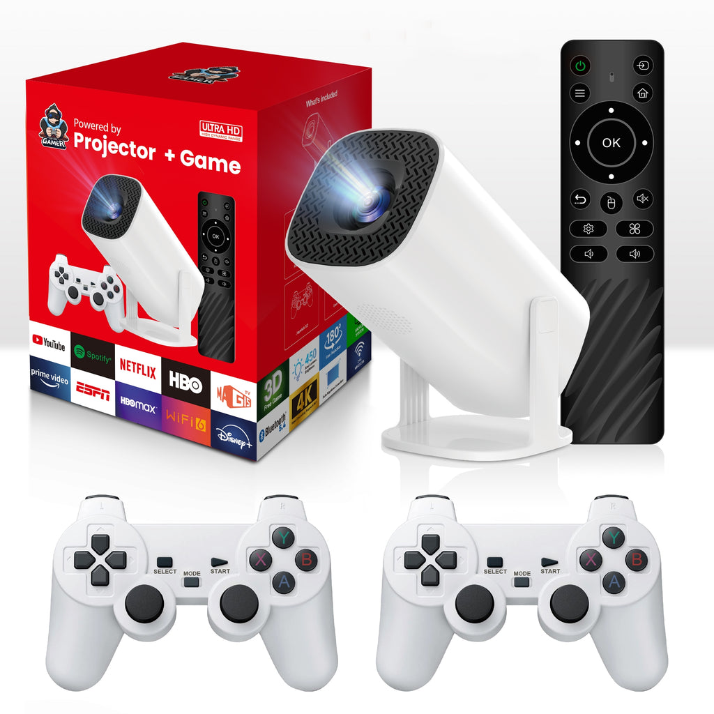 HighPeak RetroZ projector in white with dual controllers and remote - complete gaming entertainment system with retail box
