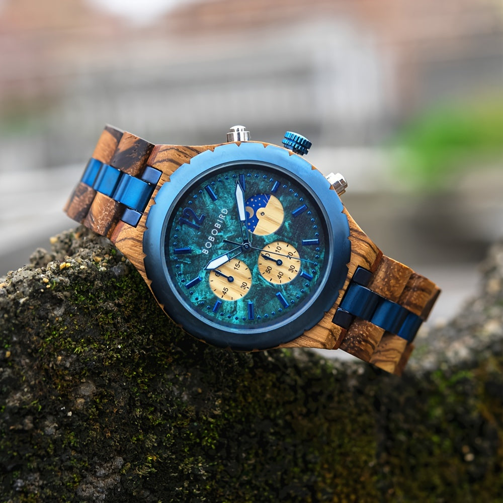 HighPeak wooden chronograph watch with blue dial, zebra wood band and metallic accents on mossy stone - luxury timepiece