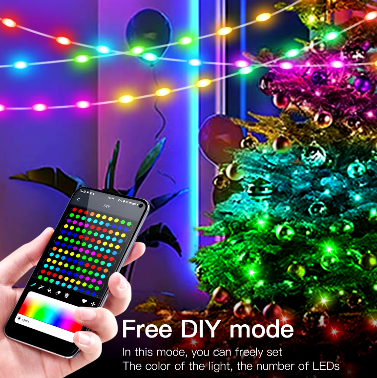 HolidayGlow Lights app-controlled LED string lights displaying rainbow colors on Christmas tree with smartphone control interface