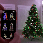 HolidayGlow Lights app control demonstration showing color-changing LED patterns on Christmas tree with smartphone interface