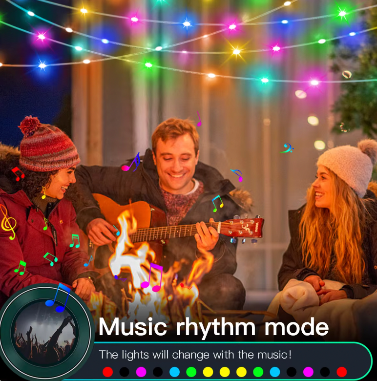 HolidayGlow Lights displaying vibrant multicolor patterns synced to music with color-changing LED effects and rhythm mode interface