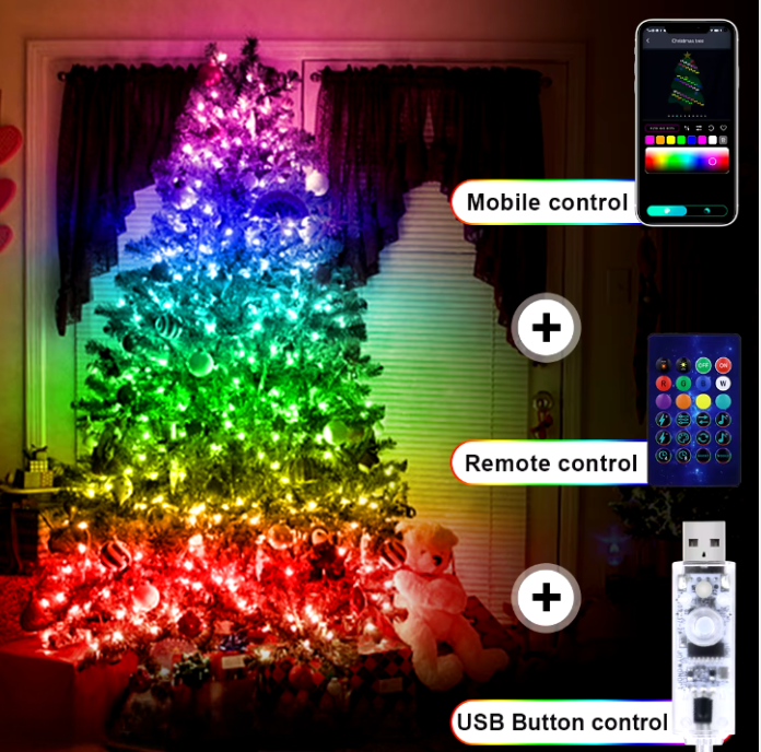 HolidayGlow Lights illuminating Christmas tree with rainbow gradient effect, showing mobile app, remote and USB controls