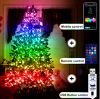HolidayGlow Lights illuminating Christmas tree with rainbow gradient effect, showing mobile app, remote and USB controls