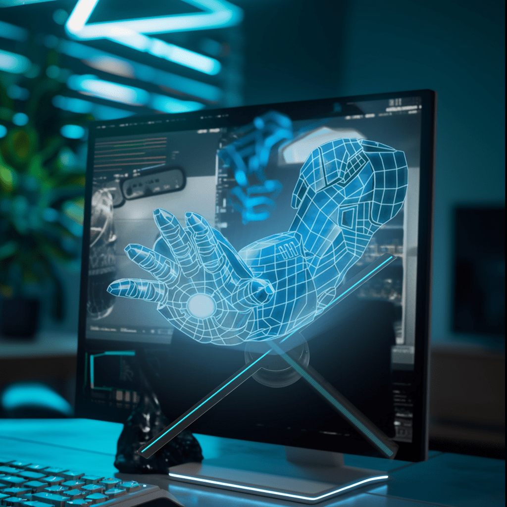 HoloFrame 3D AirAura displaying a blue holographic hand projection on sleek monitor in modern workspace with ambient lighting