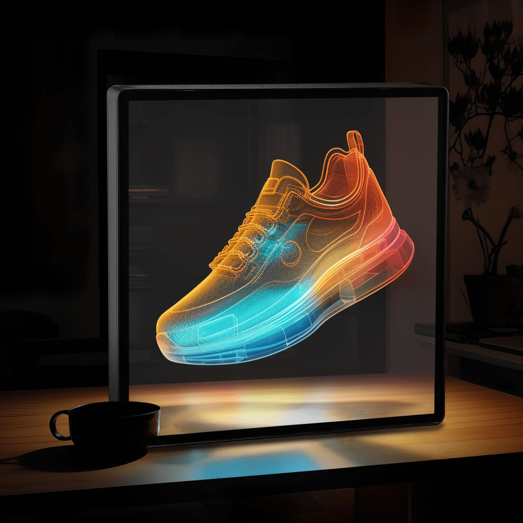 HoloFrame 3D Projection AirAura displaying glowing sneaker hologram in orange and blue, illuminated on dark desk with coffee cup
