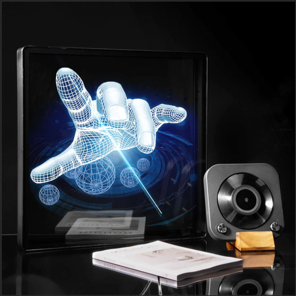 HoloFrame AirAura displaying a glowing blue wireframe hand hologram with floating spheres in a sleek black frame