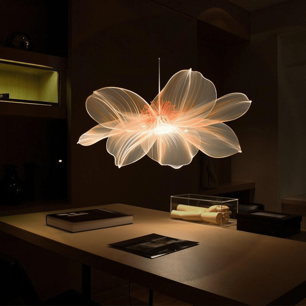 HoloFrame AirAura displaying translucent flower hologram in warm orange glow over modern desk - 3D projection in dark room