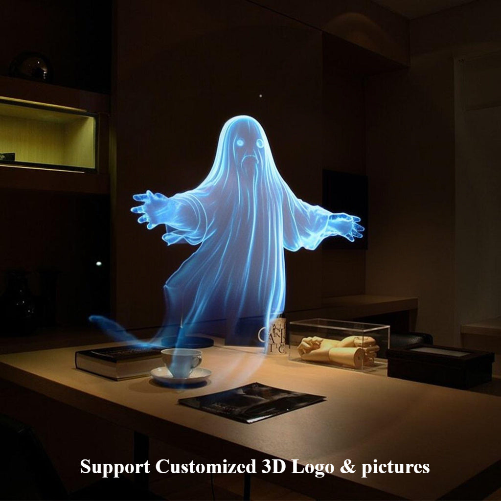HoloFrame AirAura projecting ethereal blue ghost hologram floating above wooden desk - 3D LED display demonstration setup