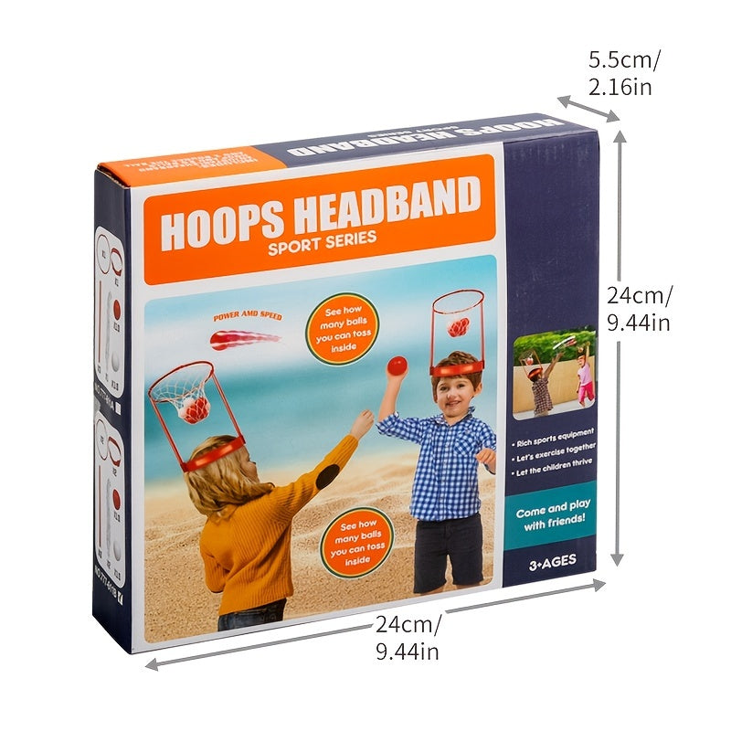 HoopHead basketball headband game box showing product in use at beach with dimensions 24x24x5.5cm - fun outdoor play setup