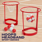 HoopHead basketball headband game with red hoops and mini red-white balls on wooden court - party game setup