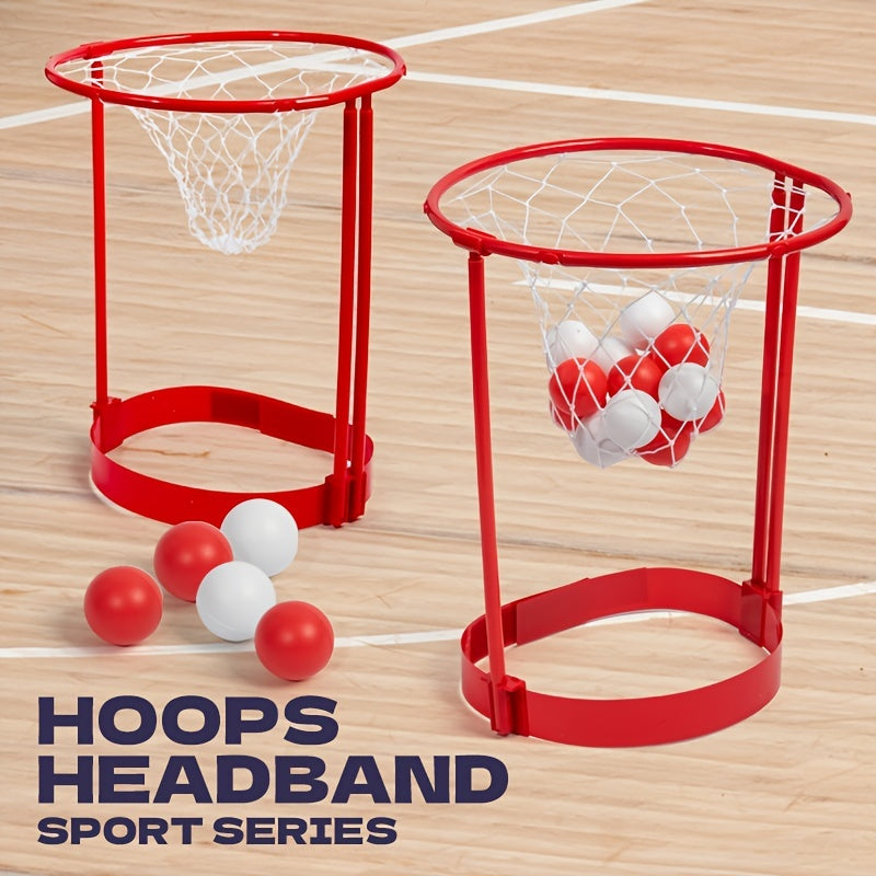 HoopHead basketball headband game with red hoops and mini red-white balls on wooden court - party game setup