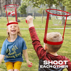 HoopHead basketball headband game with red hoops being played by children in outdoor park setting - active party fun