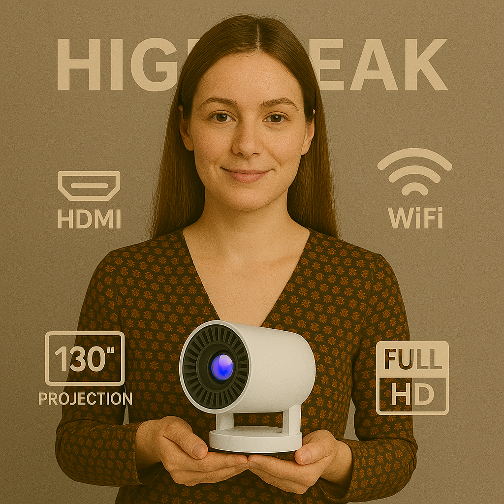 HighPeak INFINITY MiniProjector 2025 in white held by woman with WiFi, HDMI, Full HD, and 130-inch projection icons visible