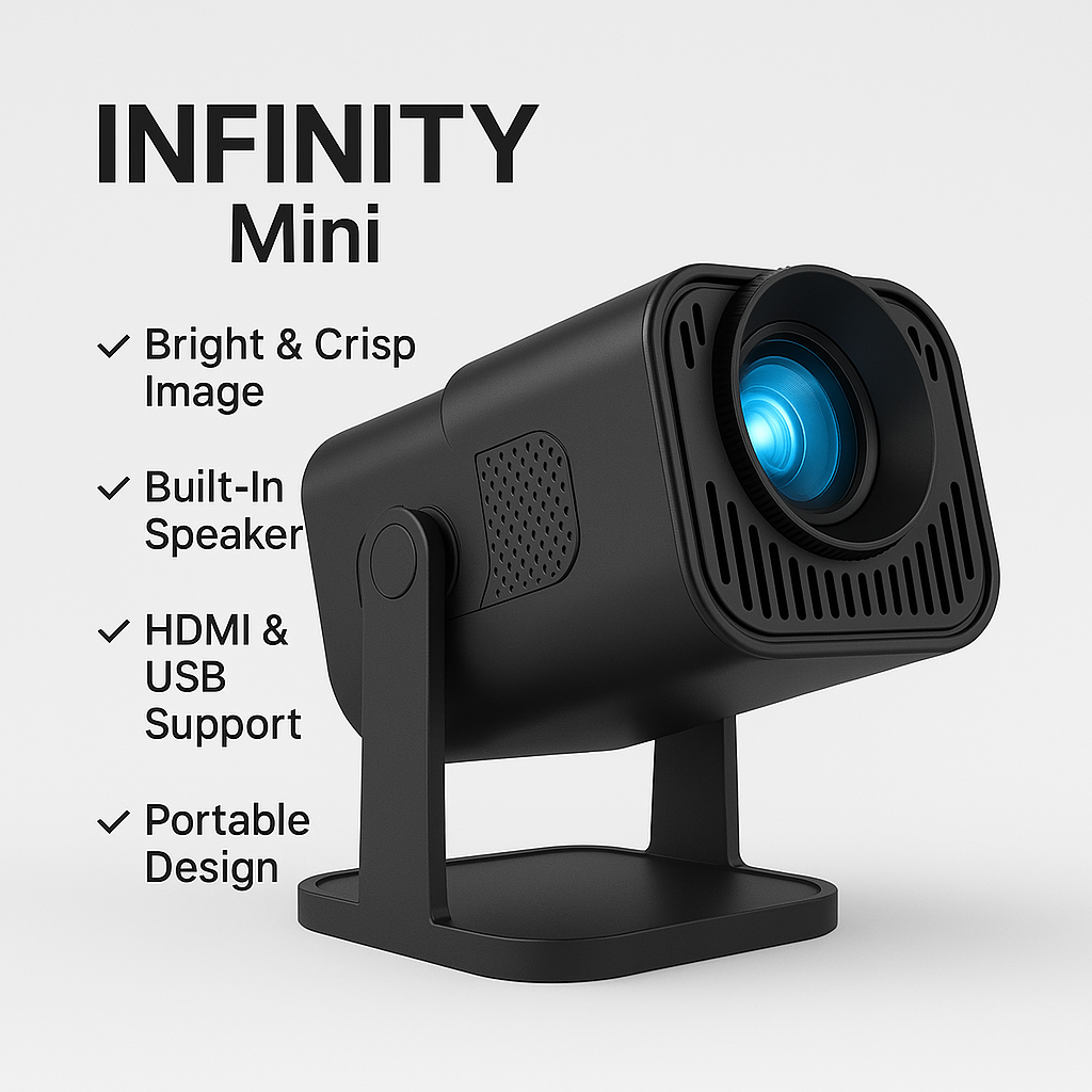 HighPeak Infinity Mini projector in black with blue lens, displaying key features and portable design on stand