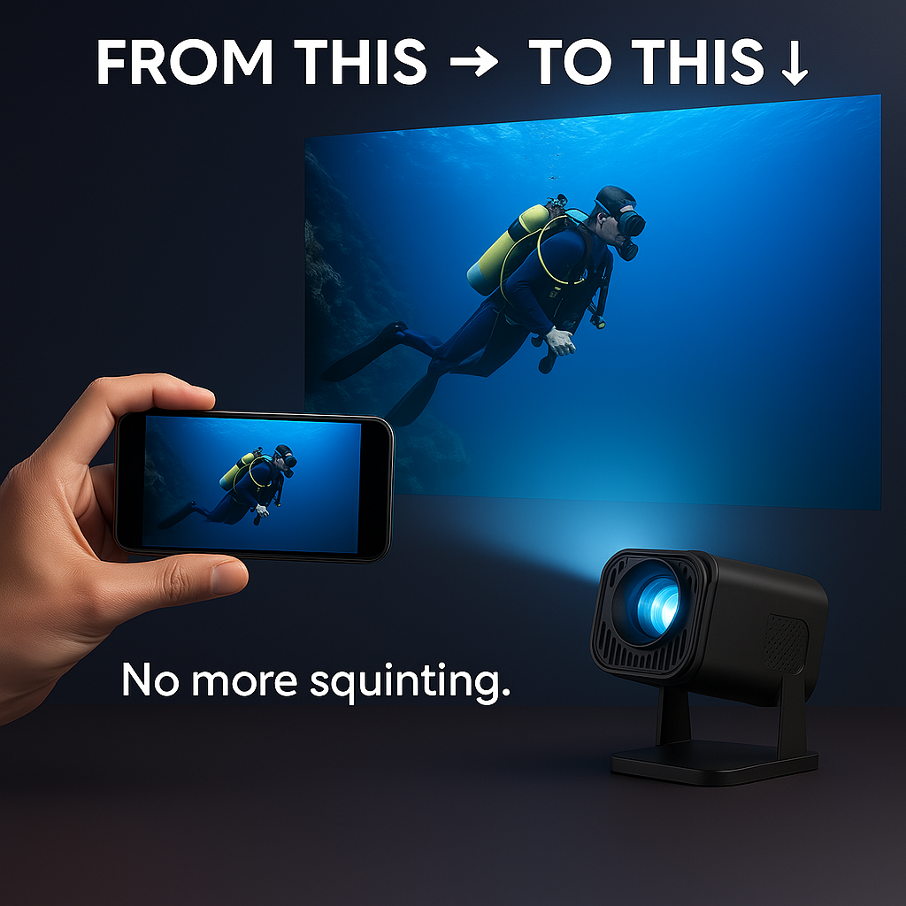 HighPeak VisionHack Projector Bundle showing handheld phone mirroring to large crisp projection of a scuba diver underwater