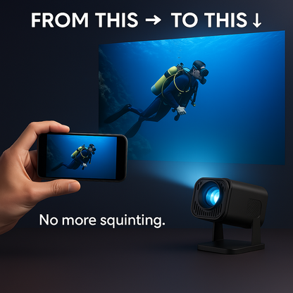 HighPeak Infinity MiniProjector displaying underwater diving scene from phone to large projected image in dark room