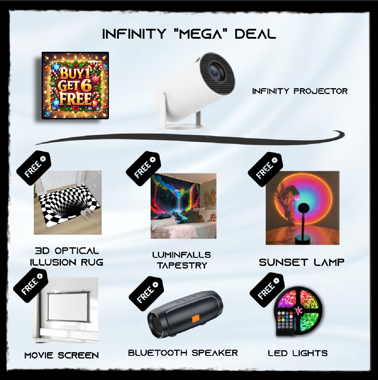 INFINITY Mega Deal bundle featuring white projector with free movie screen, sunset lamp, LED lights, speaker, and 3D illusion decor items