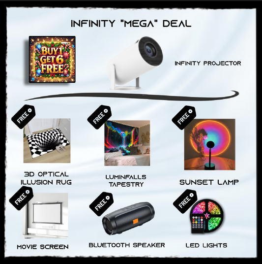 INFINITY Mega Deal bundle featuring white projector with free movie screen, sunset lamp, LED lights, speaker, and 3D illusion decor items