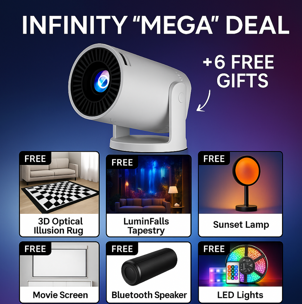 INFINITY Mega Deal bundle showing white projector with 6 free accessories including screen, speaker, and LED lights on gradient background