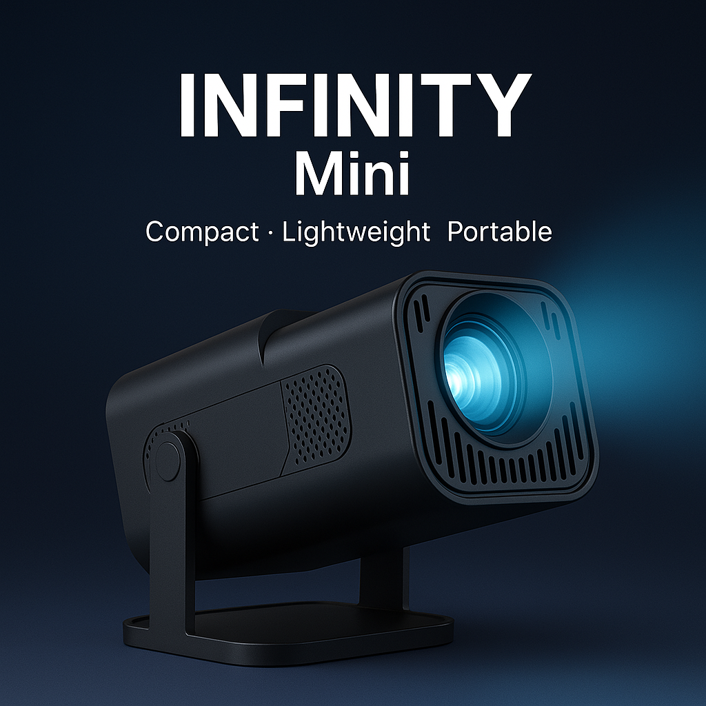 HighPeak Infinity Mini projector in black with blue LED beam, showing compact design and adjustable stand mount