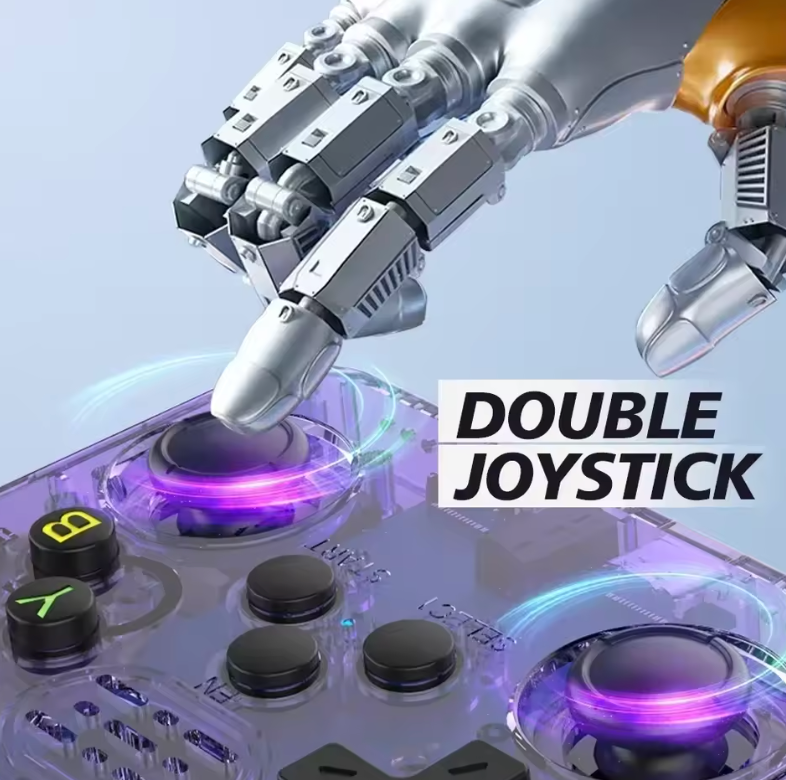 INFINITY Volt handheld console close-up showing transparent dual joysticks with purple LED illumination and control buttons