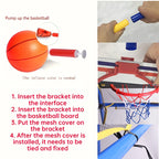 Indoor/outdoor basketball hoop set with installation guide showing orange mini ball, pump, and mounting steps for door assembly