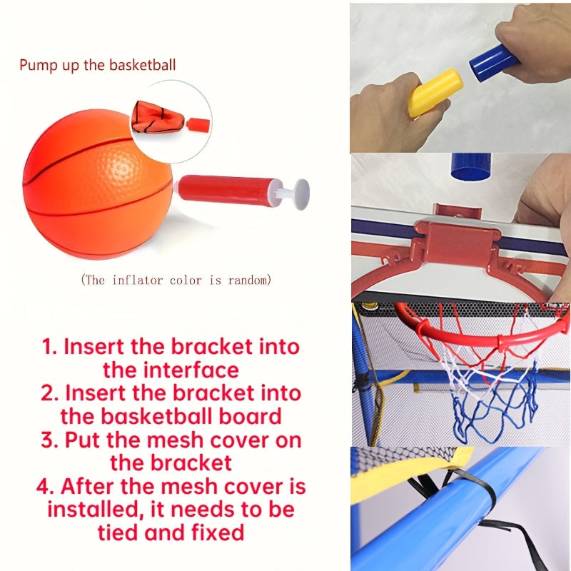 Indoor/outdoor basketball hoop set with installation guide showing orange mini ball, pump, and mounting steps for door assembly