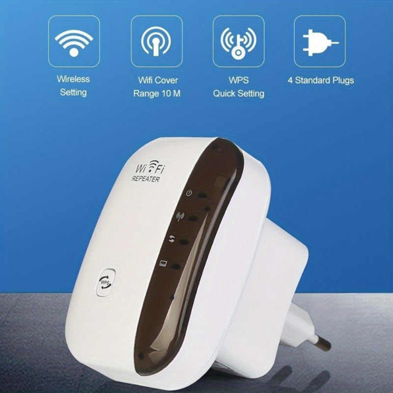 InfinityLink WiFi booster device in white with WPS button and LED indicators - compact wall plug design for signal extension