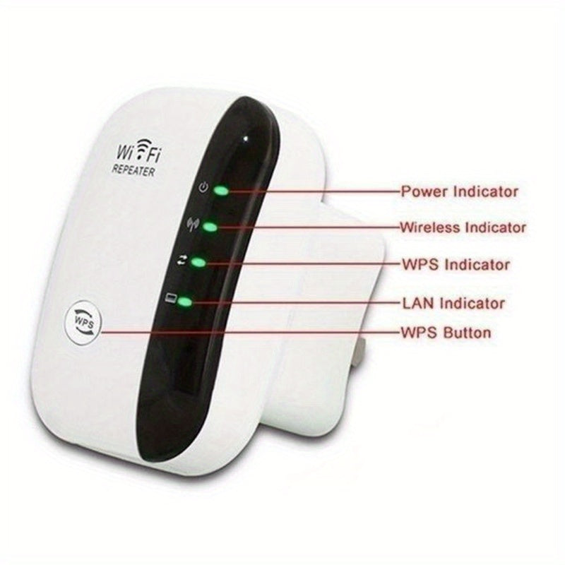 InfinityLink WiFi booster with LED indicators showing power, wireless, WPS, and LAN status in white and black design