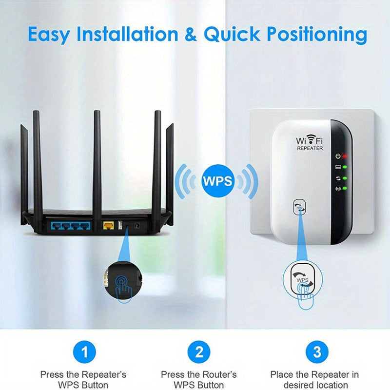 InfinityLink WiFi booster with quick setup guide showing router connection and WPS button sync steps for easy installation
