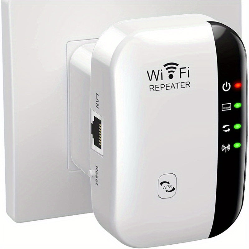 InfinityLink WiFi repeater device in white and black, plugged into wall outlet with LED status indicators glowing