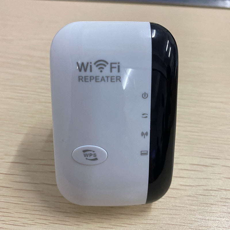 InfinityLink WiFi repeater device in white and black with WPS button on wooden surface - compact signal booster