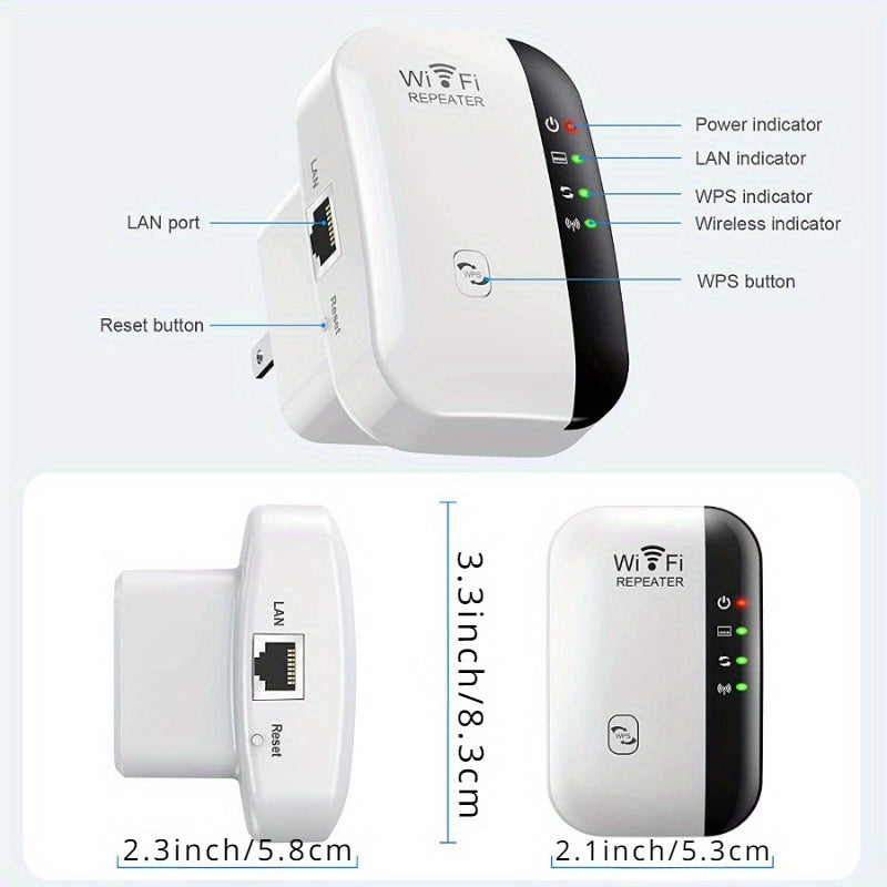 InfinityLink WiFi repeater in white and black design showing LED indicators, WPS button, and LAN port - compact wireless booster