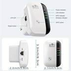 InfinityLink WiFi repeater in white and black design showing LED indicators, WPS button, and LAN port - compact wireless booster