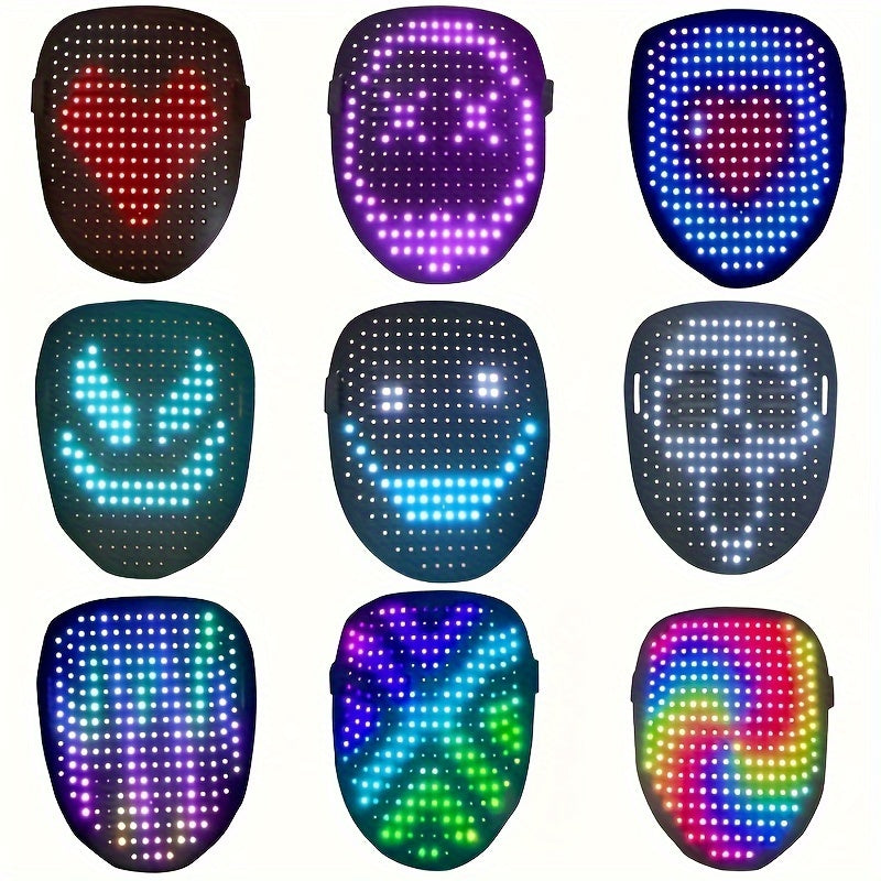 Infinity LED Face Mask displaying various colorful LED patterns including heart, smile and abstract designs - customizable digital mask effects