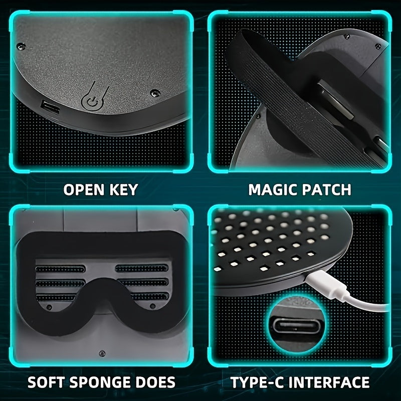 Infinity LED Face Mask features with power button, magic patch, soft sponge padding and USB-C charging port in turquoise frame