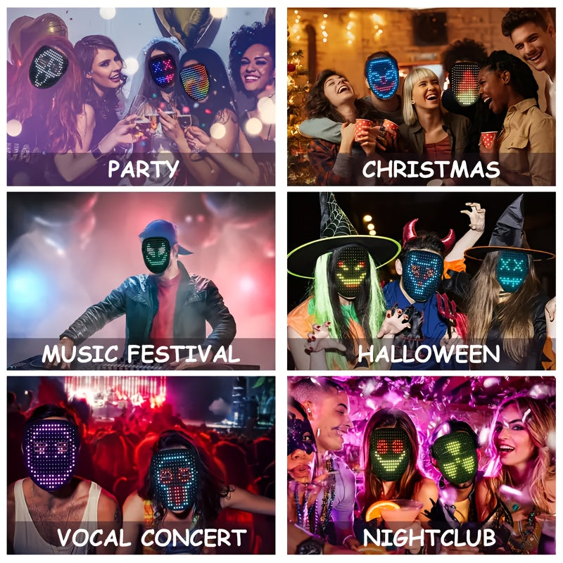 Infinity LED Face Mask shown in multiple party settings with colorful animated displays - perfect for festivals, concerts and events