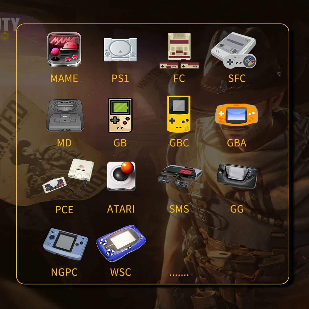 Infinity Play console menu displaying 14 retro gaming system icons including MAME, PS1, GameBoy and SEGA on dark background