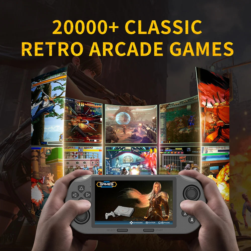 Infinity Play handheld gaming console displaying classic games with retro arcade collage background and built-in HD screen