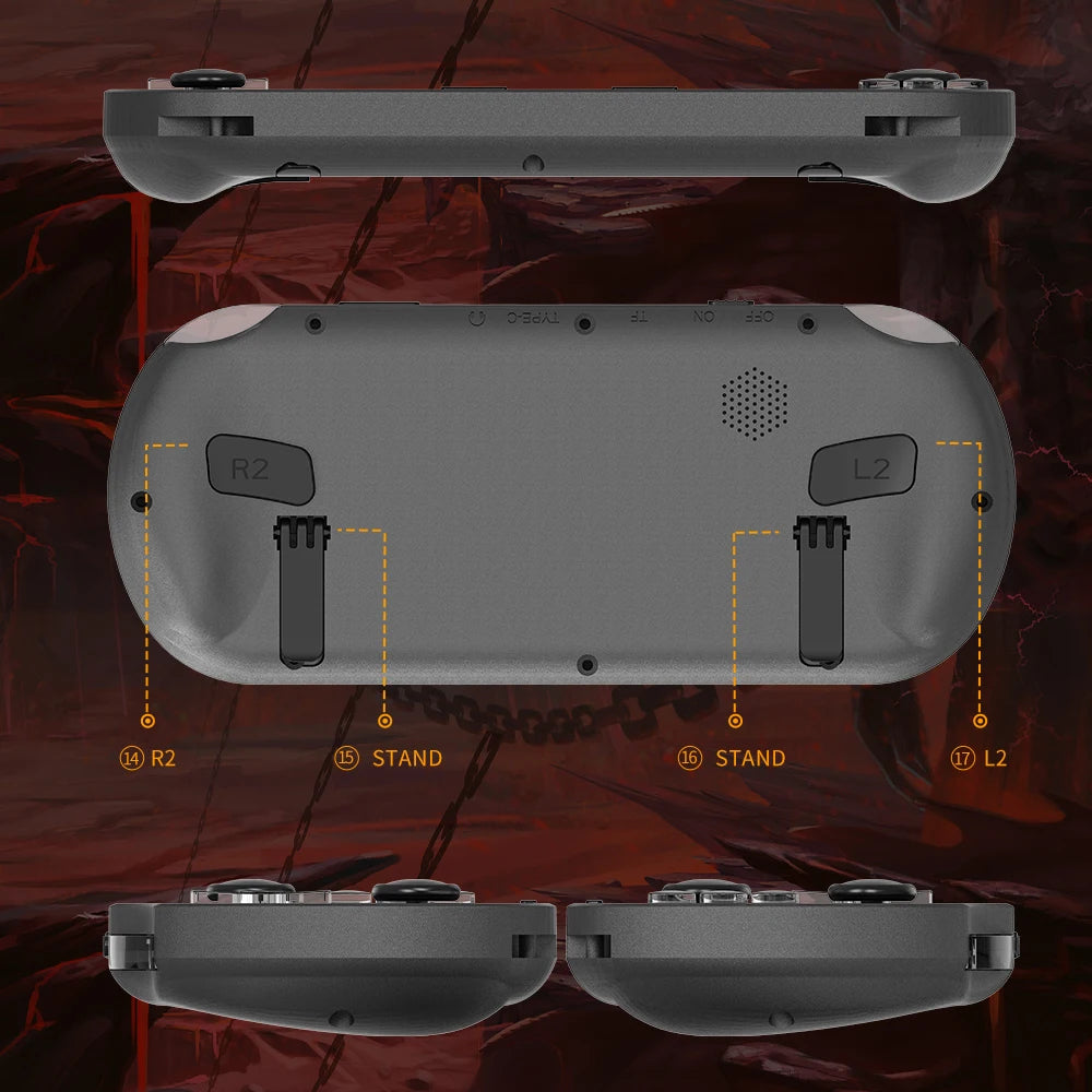 Infinity Play handheld gaming console in gray with retractable kickstands and trigger buttons shown from multiple angles