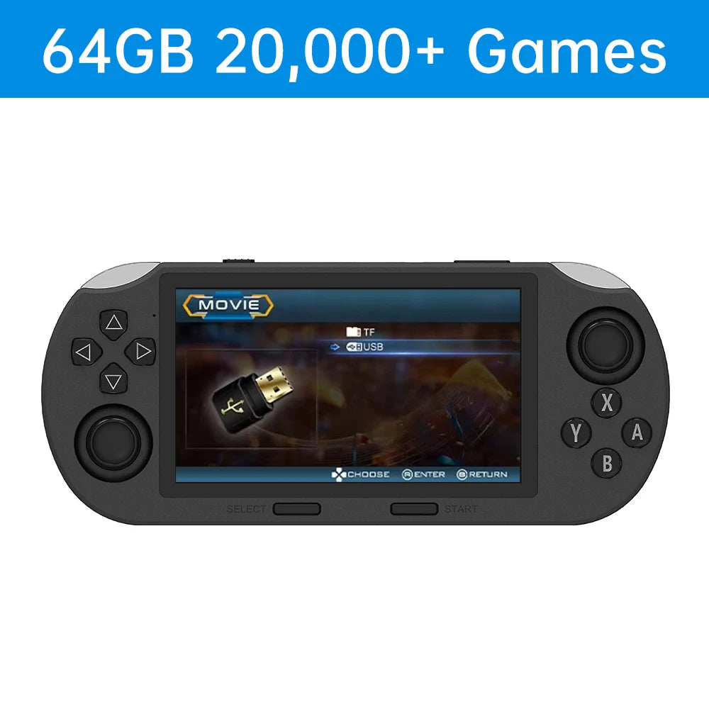 Infinity Play handheld gaming console with 64GB storage, black design, and HD screen displaying game interface