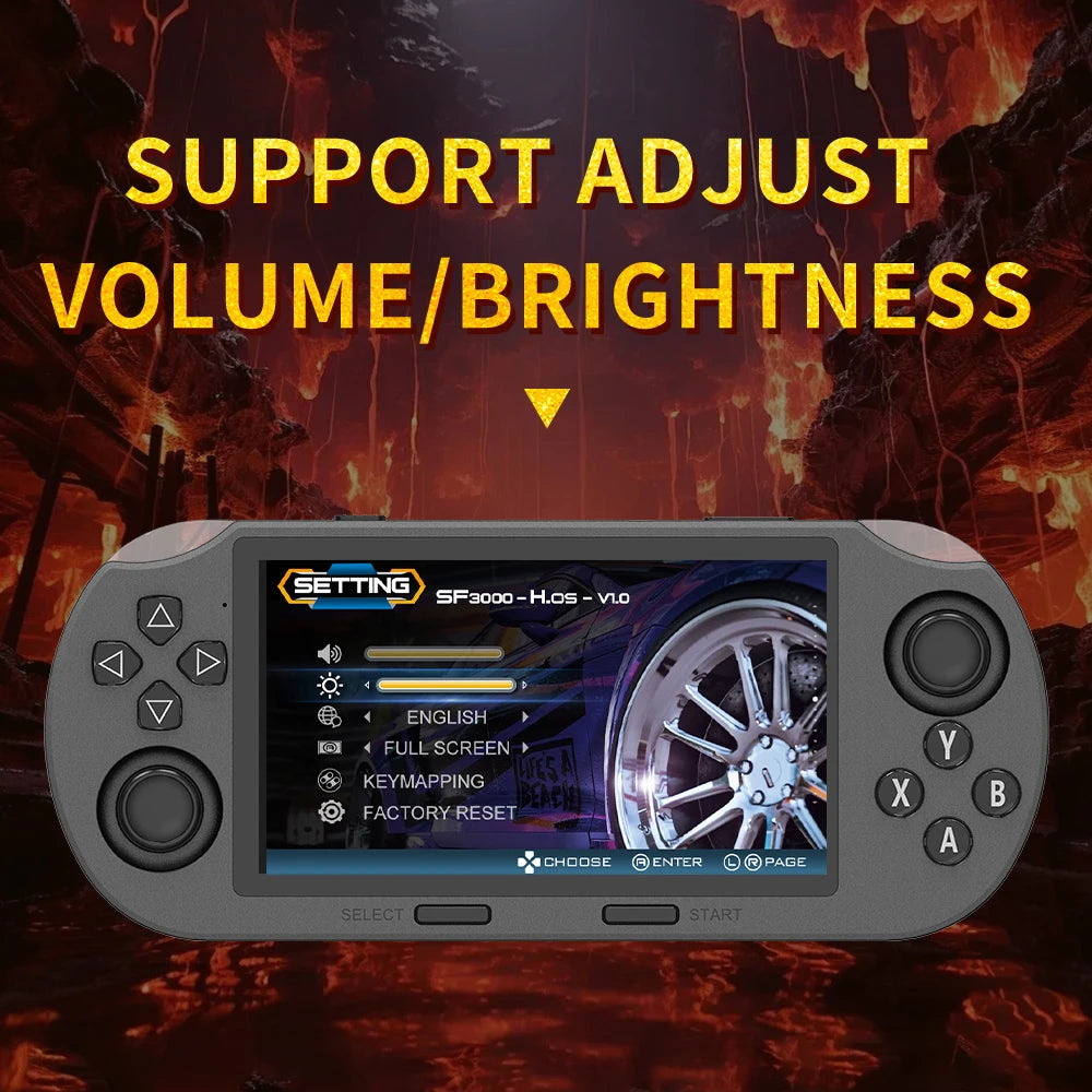 Infinity Play handheld gaming console with HD screen display showing settings menu and volume controls in dark gray