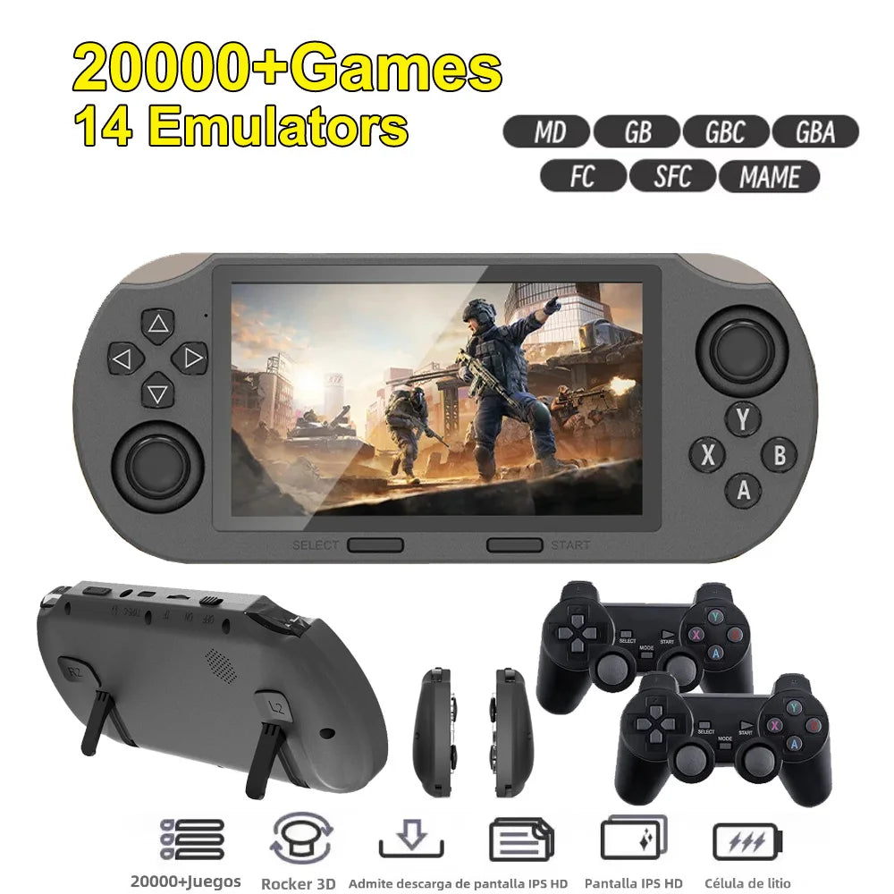 Infinity Play handheld gaming console with HD screen, dual black wireless controllers and 14 emulator support display