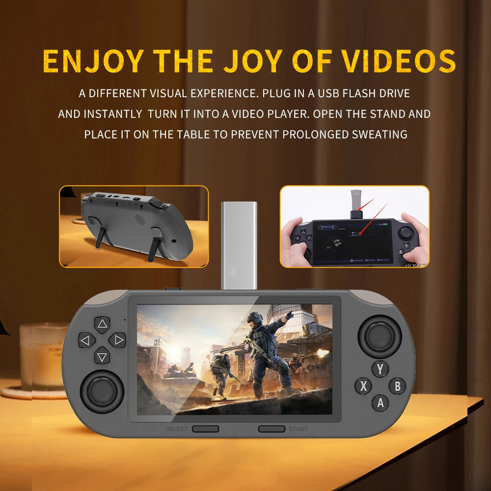 Infinity Play handheld gaming console with built-in screen and wireless controllers displayed on wooden table - retro gaming device