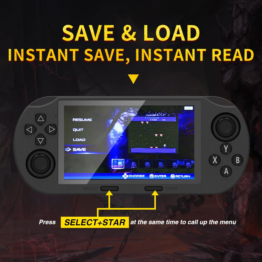 Infinite Retro Game Pack HighPeak handheld console in black showing save/load game menu with labeled buttons on dark background
